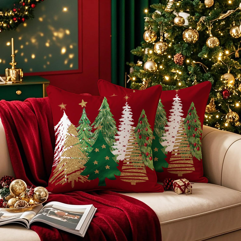 Artmag Christmas Tree Pillow Covers 24x24 Inch Set of 2, Decorative Farmhouse Red Pillow Shams Cases Slipcovers for Home Couch Sofa Decorations