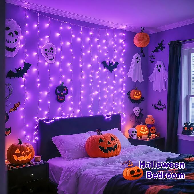 JMEXSUSS 200 LED Halloween Curtain Lights Battery Operated & USB Plug in, 6.6 x 6.6 ft Hanging String Lights Indoor with Remote, Purple Halloween Lights for Bedroom Backdrop Party Outdoor Decorations