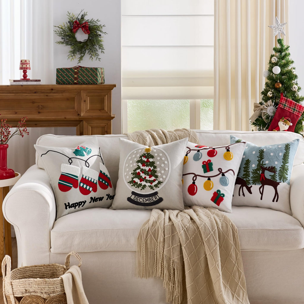 Farmhouse Christmas Pillow Covers 18x18 Set of 2, Xmas Embroidered Throw Cushion Cases with Festive Patterns for Rustic Home Holiday Decor (Gnome Trio Light Grey, 18" x 18" (Pack of 2))
