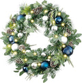 WANNA-CUL Pre-Lit 30 Inch Large Christmas Wreath for Front Door with 50 Led Lights, Silver Blue Lighted Christmas Door Wreath Decor with Ball Ornaments,Pine Cones, Battery Operated