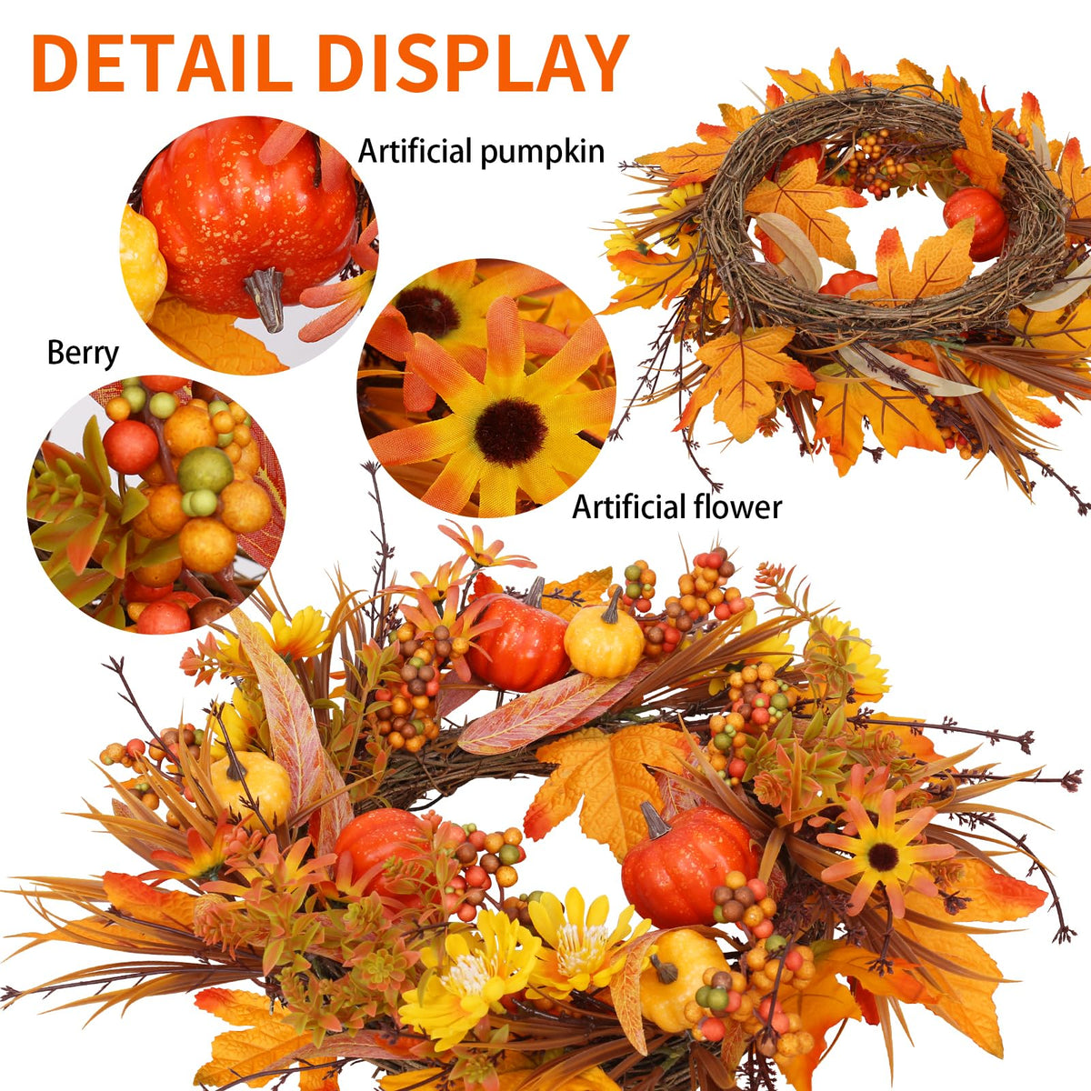 PurpleSwan 19Inch Fall Wreath, Artificial Pumpkins Maple Leaves Berry Fall Wreaths for Front Door Decor, for Home Autumn Harvest Thanksgiving Porch Outdoor Decorations.