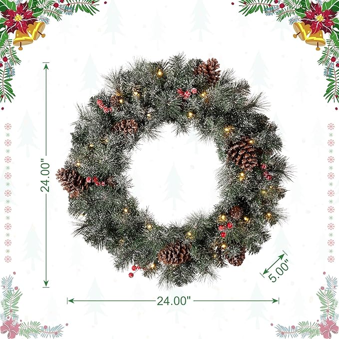 Glitzhome 24" D Pre-Lit Glittered Pine Cone Christmas Wreath with Warm White LED Lights and Timer for Front Door Wall Window Party Decor