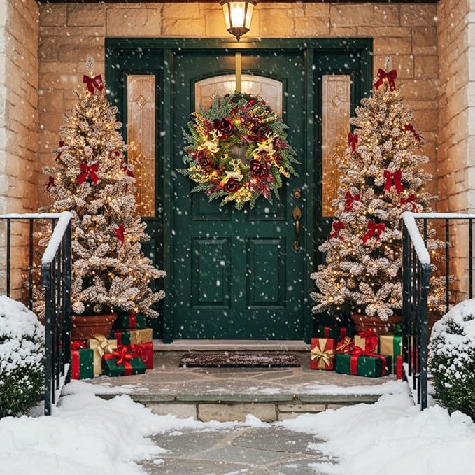 22 Inch Pre-Lit Artificial Christmas Wreath Rose Wreath with Glitter Christmas Deer Reindeers Figurine Decor Berries and Timer for Front Door Window Indoor Outdoor Festive Xmas Holiday