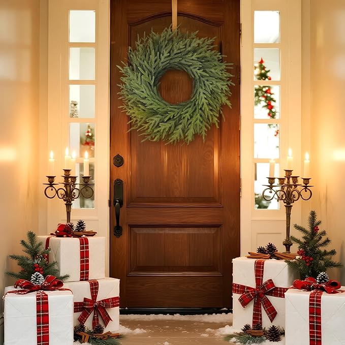 26" Norfolk Pine Wreath for Front Door, Artificial Christmas Wreaths Faux Green Fake Pine Needles Wreath for Front Door Wall Windows Indoor Outdoor Christmas Decor