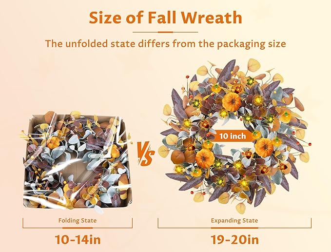 Fall Wreaths for Front Door, 20" Fall Wreath with Lights, Artificial Autumn Door Wreaths-Pumpkin, Berry Branch, Mixed Leaves Decor for Home Outside Indoor Wall Harvest Festival Thanksgiving Decoration