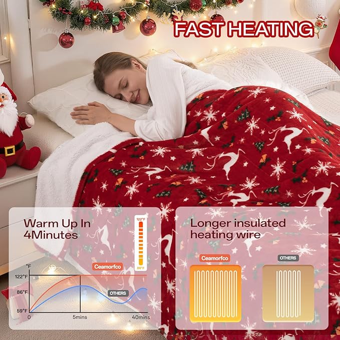 Electric Blanket Heated Throw, Soft Flannel Christmas Heated Blanket with 8 Hours Auto Off & 8 Fast Heating Levels Machine Washable Sherpa Heating Blanket with Overheating Protection Gift for Women