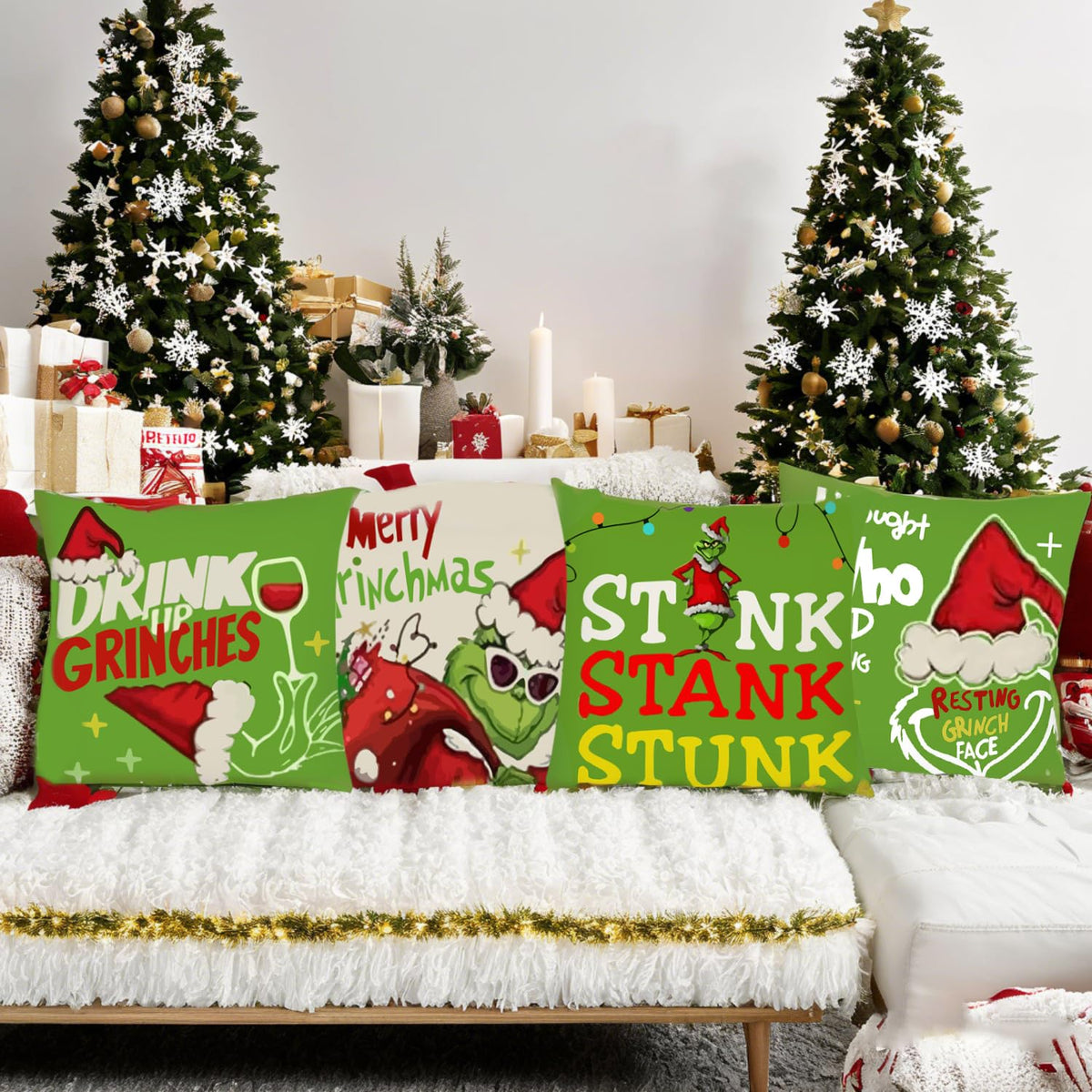 BOGGEUSS Christmas Throw Pillows Covers 18x18 Set of 4 Green Elf Pillow Covers Christmas Decorations for Home Sofa Couch Bed