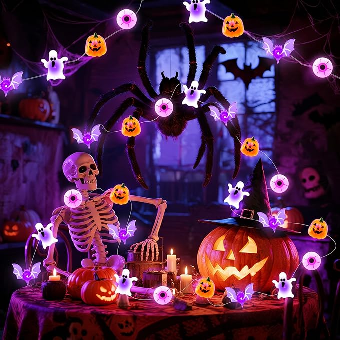 Halloween String Lights, 16 ft 50 LED Pumpkin Bat Eyes Ghost Battery Operated Lights for Lawns Garden Outdoor Holiday Party Halloween Decorations (1 Pack)