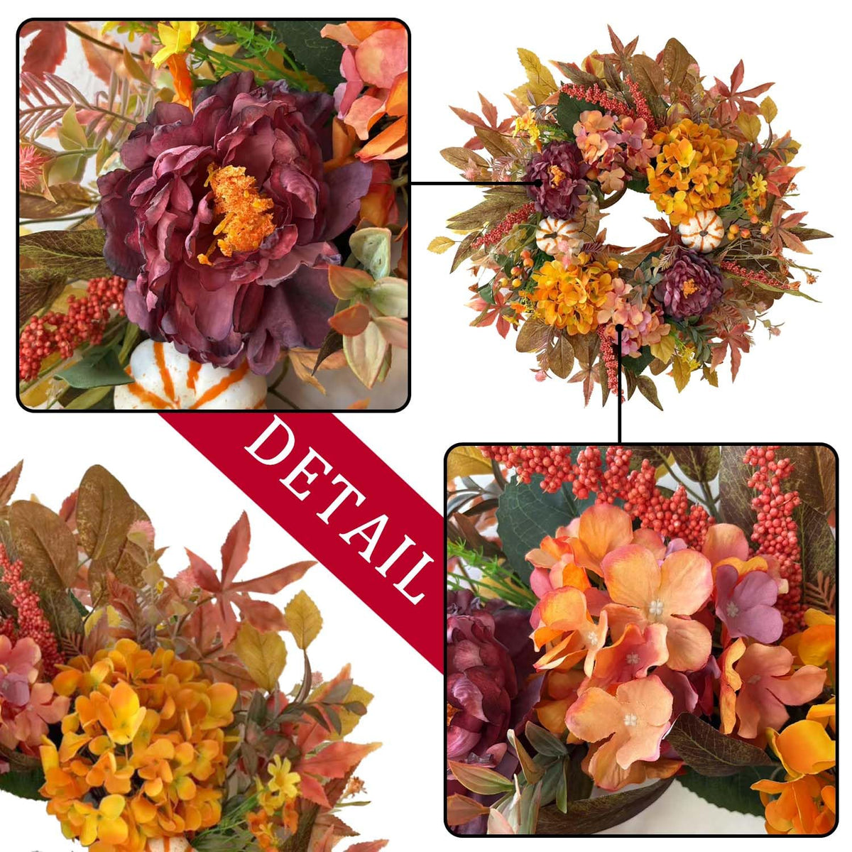 WANNA-CUL 24 Inch Fall Wreaths for Front Door with Hydrangea,Peony and White Pumpkins-Fall Decorations for Home, Fall Door Wreath Decor for Autumn,Harvest, Halloween or Thanksgiving