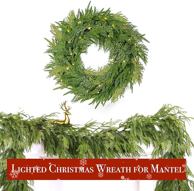 24" Prelit Christmas Wreath for Front Door, Real Touch Norfolk Pine Wreath Thick & Soft Christmas Wreaths with Light, Timer, Norfolk Pine Cypress Leaf Christmas Door Wreath for Home Wall Outdoor Decor