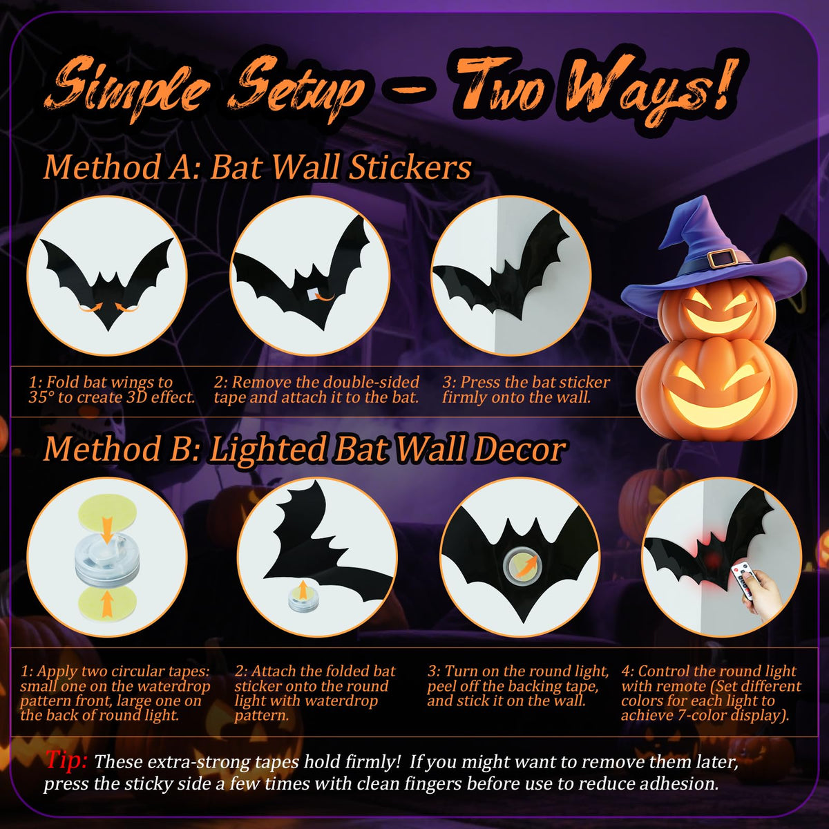 PChero 12 Lights & 48 Bats Halloween Decoration Kit with Remote Timer, Color Changing Light up Bats Wall Decor, 10 Different Size 3D Bat Stickers for Window Wall Living Room Bedroom Party Spooky Decor