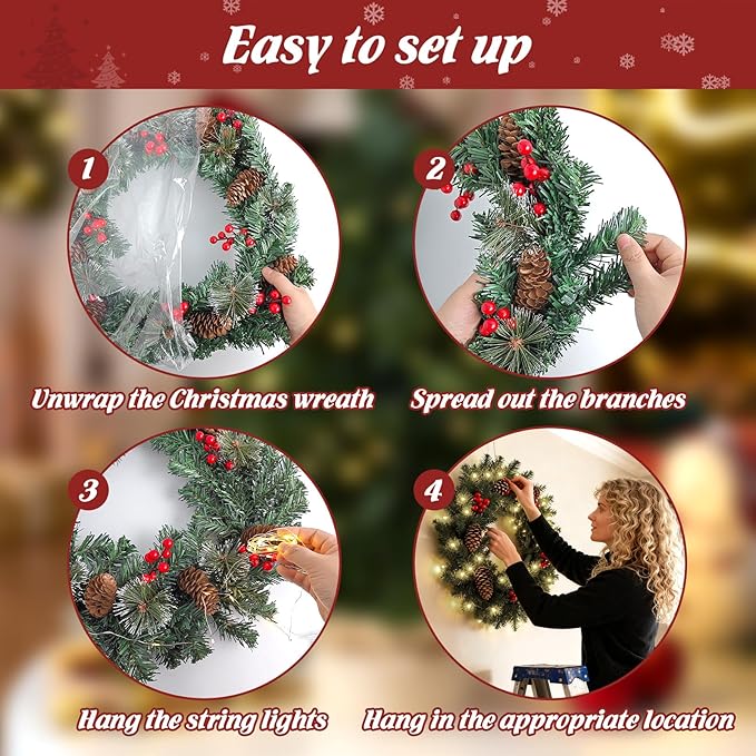 FR Artificial Pre-Lit Fir Christmas Wreath Holiday Accent Decoration, Wintry Pine, Decorated with Pine Cones Berry Clusters, with LED Lights Battery Operated for Door, Mantel - 16 Inch