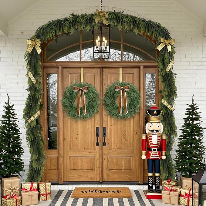 Christmas Decorations -24 Inch Christmas Wreath, Norfolk Pine Wreath, Christmas Wreaths for Front Door, Christmas Door Wreath with Bow Ribbon for Home Table Wall Window Indoor Outdoor