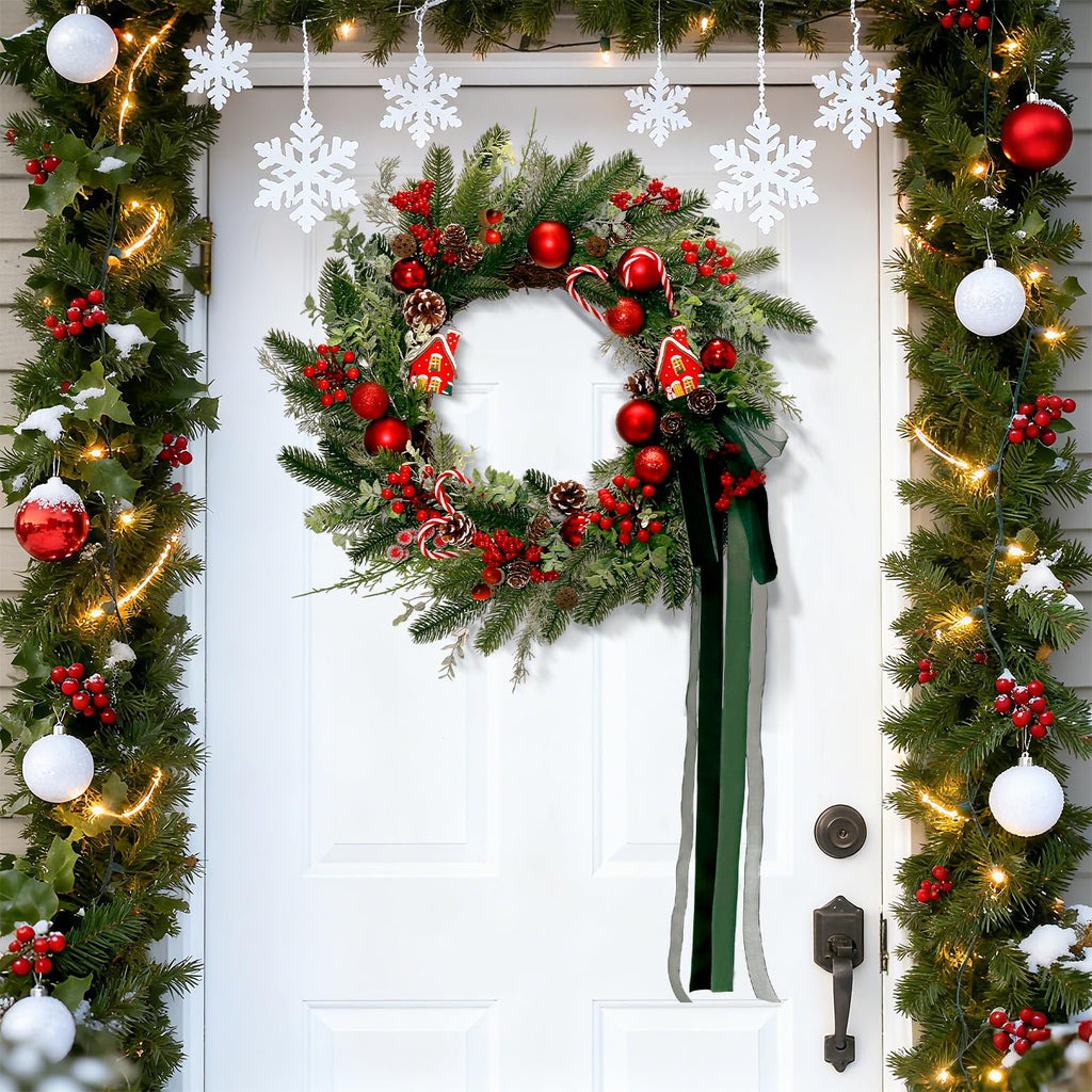 20" Christmas Wreath for Front Door, Christmas Door Wreath Decoration with Ball Ornaments, Red White Candy, Pine Cones Berries & Bow, Holiday Decoration