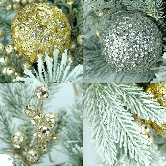 YULETIME 24" Christmas Wreath, Artificial Holiday Wreath with Baubles, Berries, Leaves, Spruce Branches, Snowy Pine Needles (Gold Bauble)