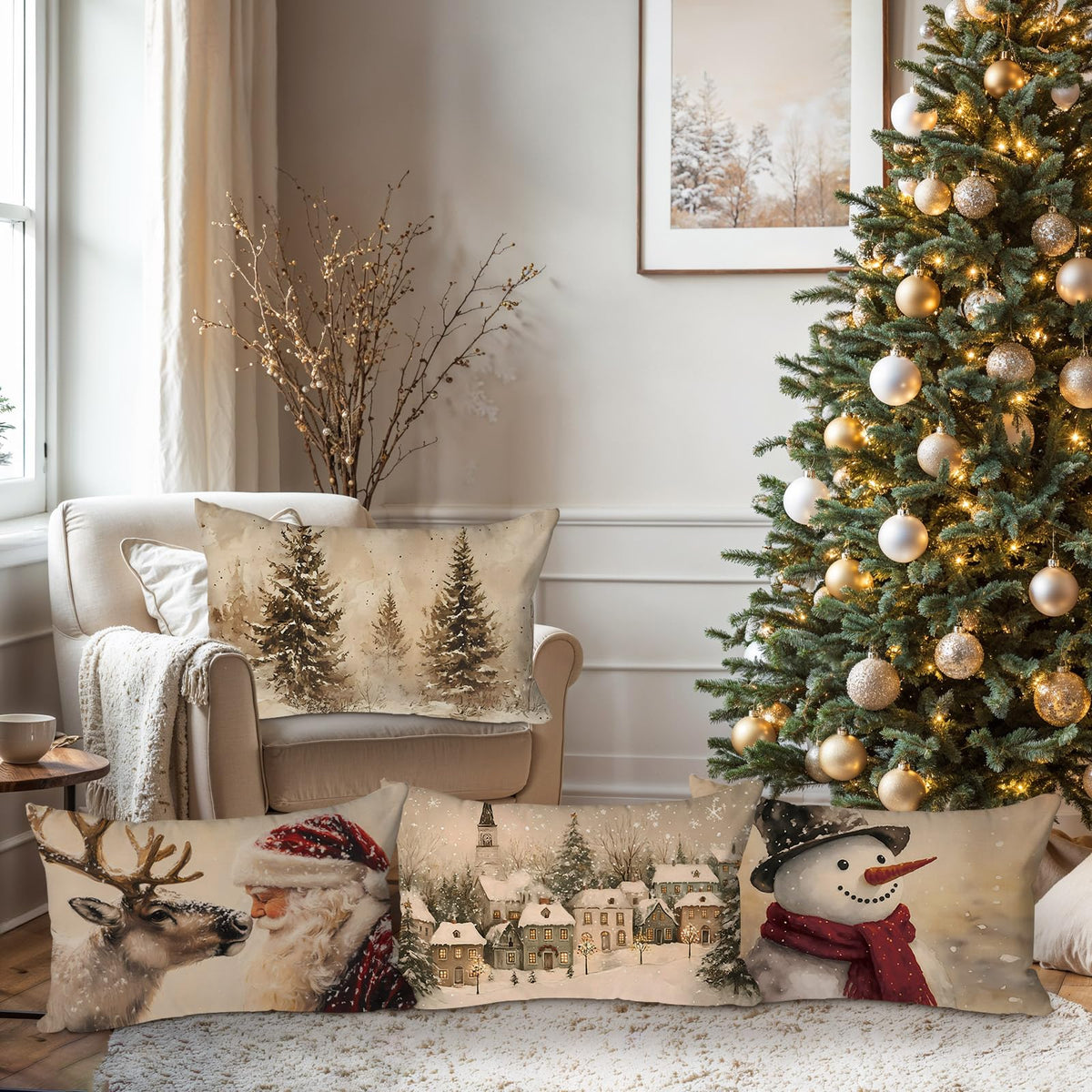 Lanpn 12x20 Christmas Throw Pillow Covers Set of 4, Snowman Santa Reindeer Lumbar Vintage Christmas Pillow Cover Pillowcase Xmas Holiday Decorative Pillow case for Indoor Home Sofa Couch Room Decor