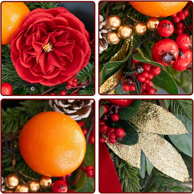 Pre-lit Christmas Wreaths for Front Door- 24 Inch Outdoor Christmas Wreath with Lights,Green Lighted Xmas Door Wreath with Pinecones,Red Flowers and Orange Berries for Holiday Decor