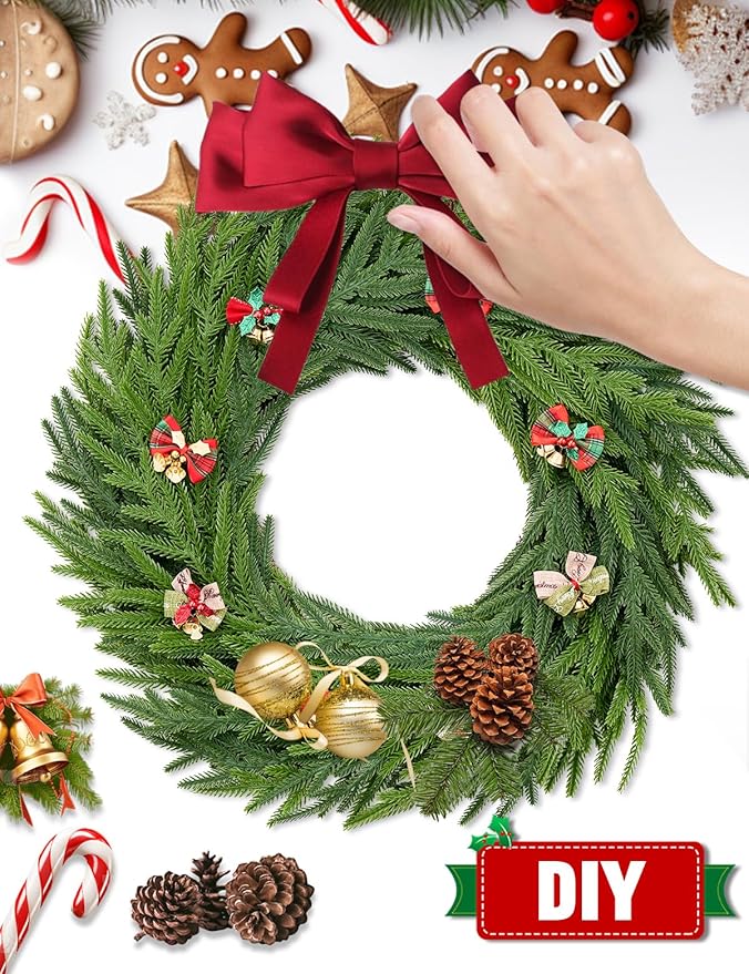 22 Inch Norfolk Pine Wreath - Christmas Wreaths for Front Door, Year-Round Real Touch Greenery Artificial Greenery Wreath for Walls, Windows, Porches, Farmhouse, Indoor/Outdoor Home Décor