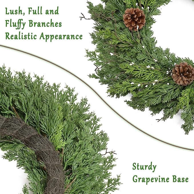 24 Inch Real Touch Lush Christmas Wreaths for Front Door with White Berries/Pine Cone Outdoor Christmas Decorations Winter Wreath Cypress Wreath for Windows Indoor Outside Xmas Home Decor Holiday