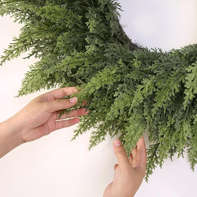 24" Real Touch Christmas Cedar Wreath - Artificial Cedar Wreaths Faux Green Fake Pine Needles Wreath for Front Door, Wall, Windows, Home,Outdoor,Xmas Decor
