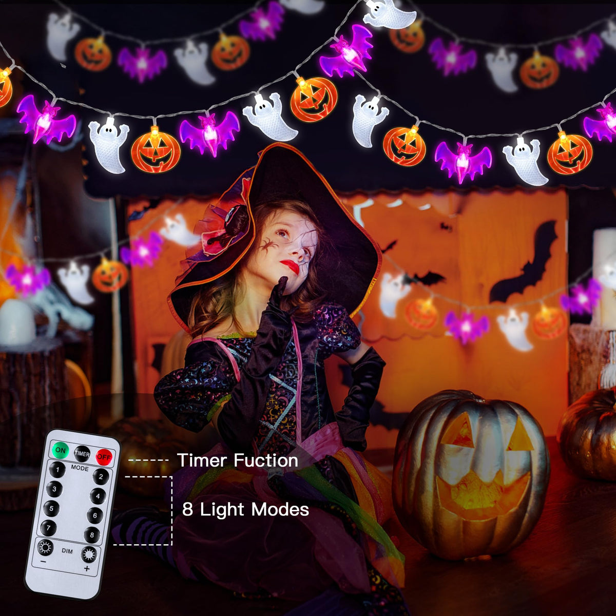 2 Pack Halloween Lights Indoor Outdoor Decorations Total 40FT 60 LED Pumpkin Bat Ghost Halloween String Lights Battery Operated, 8 Modes Waterproof Spooky Fairy Lights Home Yard Window Outside Decor