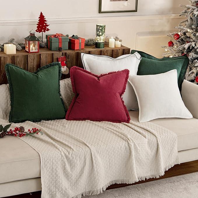 MIULEE Christmas Decorative Throw Pillow Covers Neutral Linen Fringe Throw Pillows Euro Shams Set of 2 Army Green Boho Farmhouse Cushion Covers for Couch Sofa Bed Living Room Home Decor 22x22 Inch