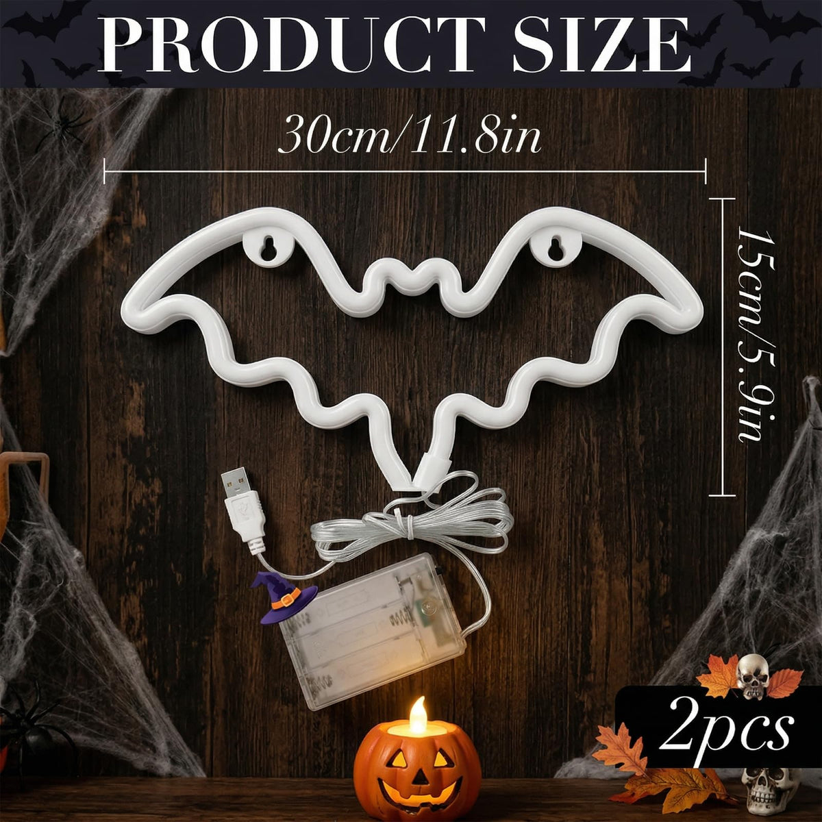 Halloween Bat Neon Signs 2 Pack, LED Bat Neon Lights for Halloween Decorations, USB/Battery Powered Light Up Bat Signs, Halloween Window Lights for Indoor Outdoor Window Door Wall Party Decor