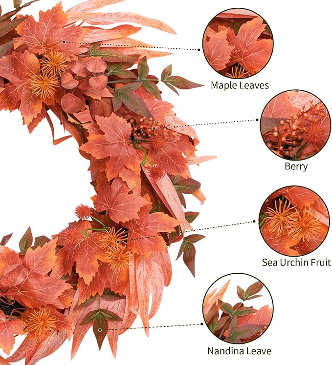 Fall Wreath for Front Door-20 Autumn Front Door Wreath-Fall Decorations with Berry Maple Leaves for Porch Window Farmhouse Halloween Thanksgiving Harvest Festival Home Decor