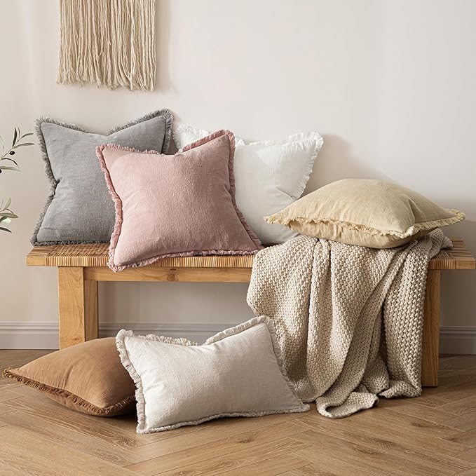 MIULEE Christmas Decorative Throw Pillow Covers Neutral Linen Fringe Throw Pillows Set of 2 White Boho Farmhouse Cushion Covers with Tassels for Couch Sofa Bed Living Room Home Decor 20x20 Inch