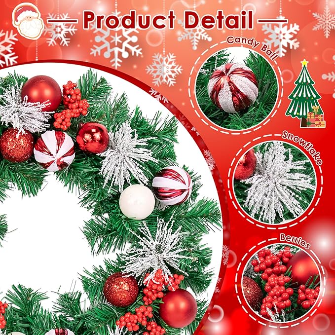Christmas Wreaths for Front Door Outside Decor, 20" Peppermint Candy Ball Ornaments Pine Branches Winter Artificial Wreath Decorations with Bow Hanging Sign for Xmas Home Door Wall Window Fireplace