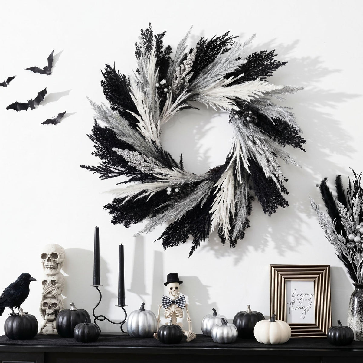 DecorbyHannah Halloween Wreath for Front Door, 18 Inch Pre-Lit Faux Black Pampas Grass Gothic Spooky Wreath with Lights and Timer, Fall Door Decor for Fireplace Mantle Porch Wall Home Indoor Outdoor