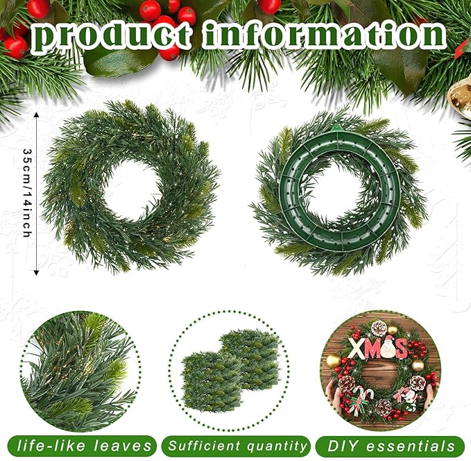 Zeyune Christmas DIY Green Wreath 14 Inch Artificial Christmas Wreaths Faux Plain Wreaths for Decorating Front Door Window Room Farmhouse Xmas Party Indoor Outdoor(Willow Pine,8 Pcs)
