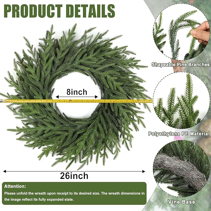 Artgar 26 Inch Pine Wreath - Christmas Wreaths for Front Door - Real Touch Pine Wreath - Large Artificial Green Wreaths for Walls Windows Porches Farmhouse Indoor Outdoor Home Decor (2 Pcs)