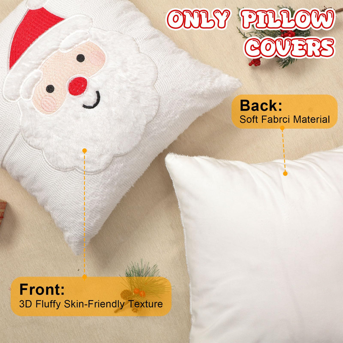Tranqun 2 Pcs Christmas Pillow Covers, Santa Claus Square Embroidered Throw Pillow Covers for Christmas Winter Decoration for Bed and Sofa (18x18 Inch)