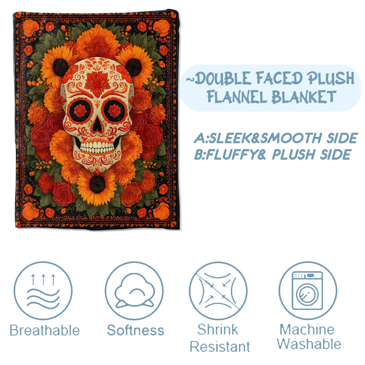 Zeleda Colorful Sugar Skull Fleece Blanket, Soft Throw with Floral, Lightweight Cozy Blankets for All Seasons, Gothic Day of The Dead Home Decor and Gifts for Goth Lovers and Halloween, 50x60 Inch