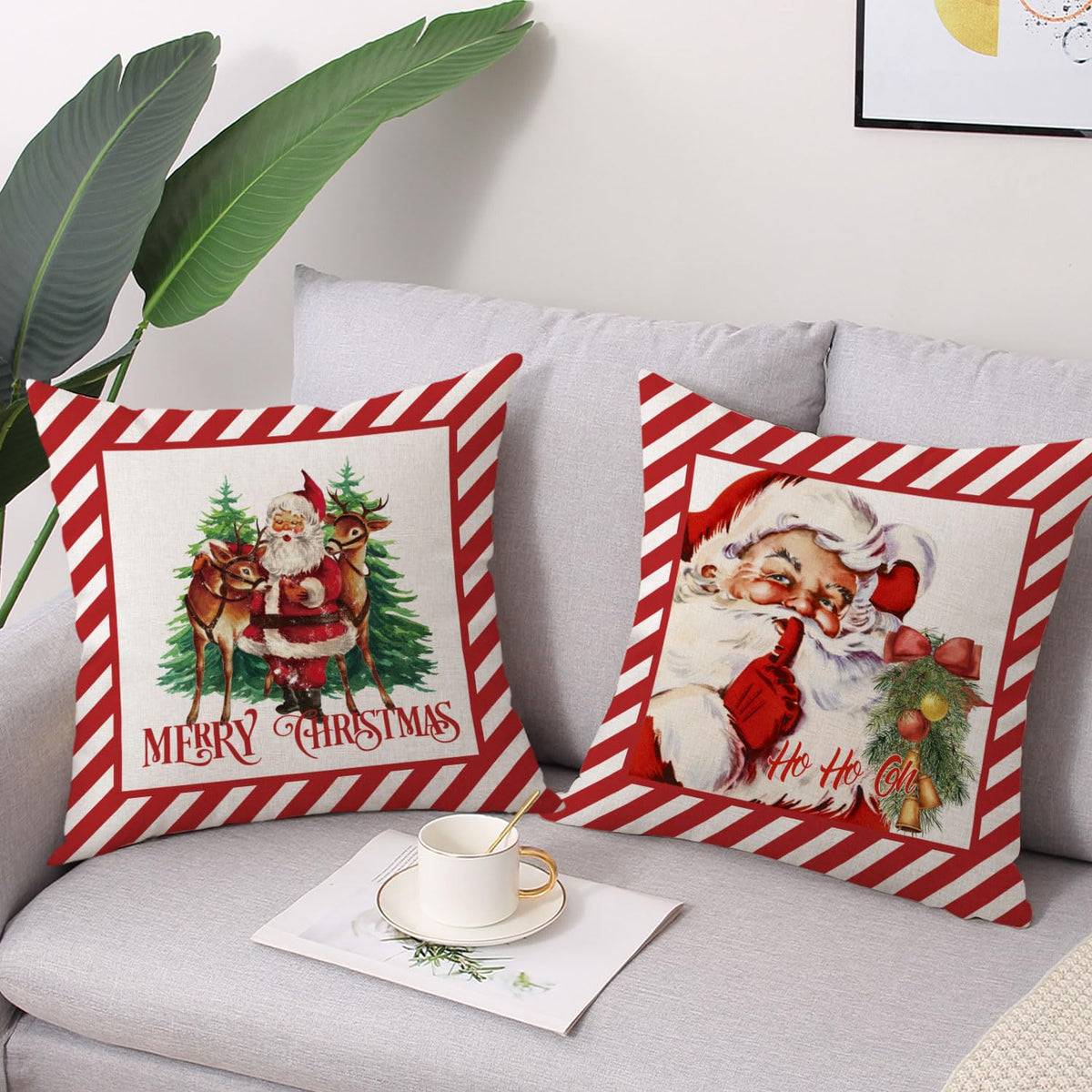 Coeufuedy Christmas Pillow Covers 18x18 Set of 4 Candy Canes Elk Santa Claus Sleigh Rides Winter Holiday Decoration Cushion Case for Sofa Couch Home Decor