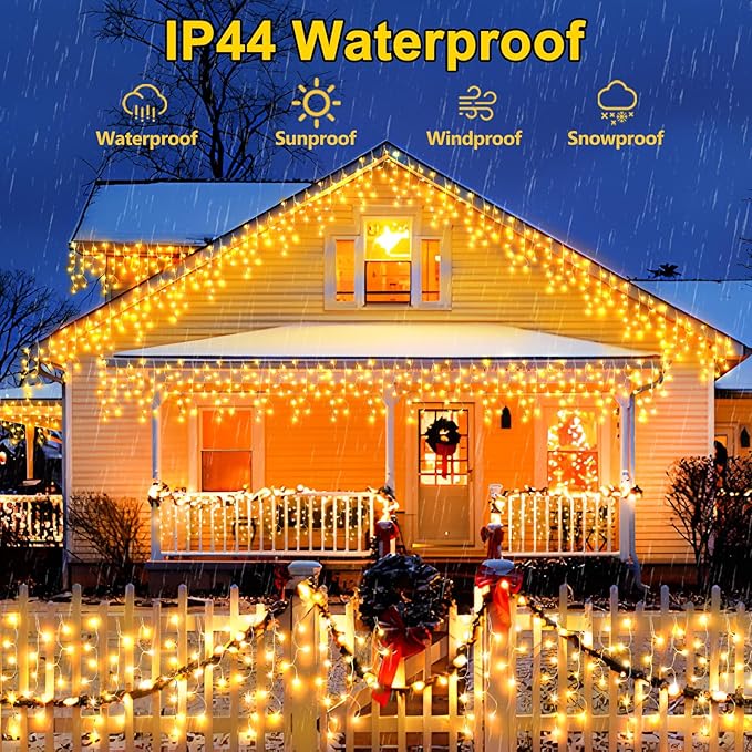 SAUIRS 2Pack 320 LED Christmas Lights Outdoor Decorations with 120 Drops Timer 8Mode 66FT Curtaing Lights Waterproof Plug in Fairy Lights for Indoor,Xmas,Party,Patio,Window,Trees Decor(Warm White)