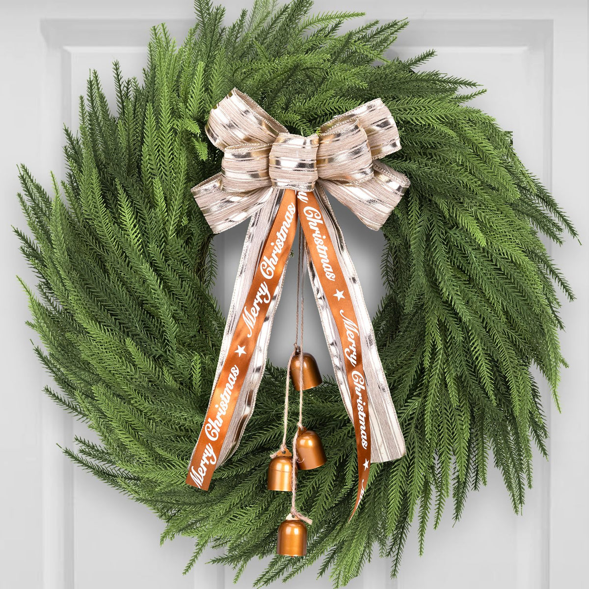 Real Touch Norfolk Pine Wreath for Front Door, 24'' Christmas Wreaths with Bow & Bells, Large Faux Cedar Pine Green Wreath for Wall Window Home Farmhouse Decorations Outdoor Indoor