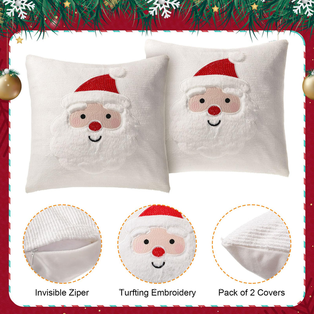 Tranqun 2 Pcs Christmas Pillow Covers, Santa Claus Square Embroidered Throw Pillow Covers for Christmas Winter Decoration for Bed and Sofa (18x18 Inch)