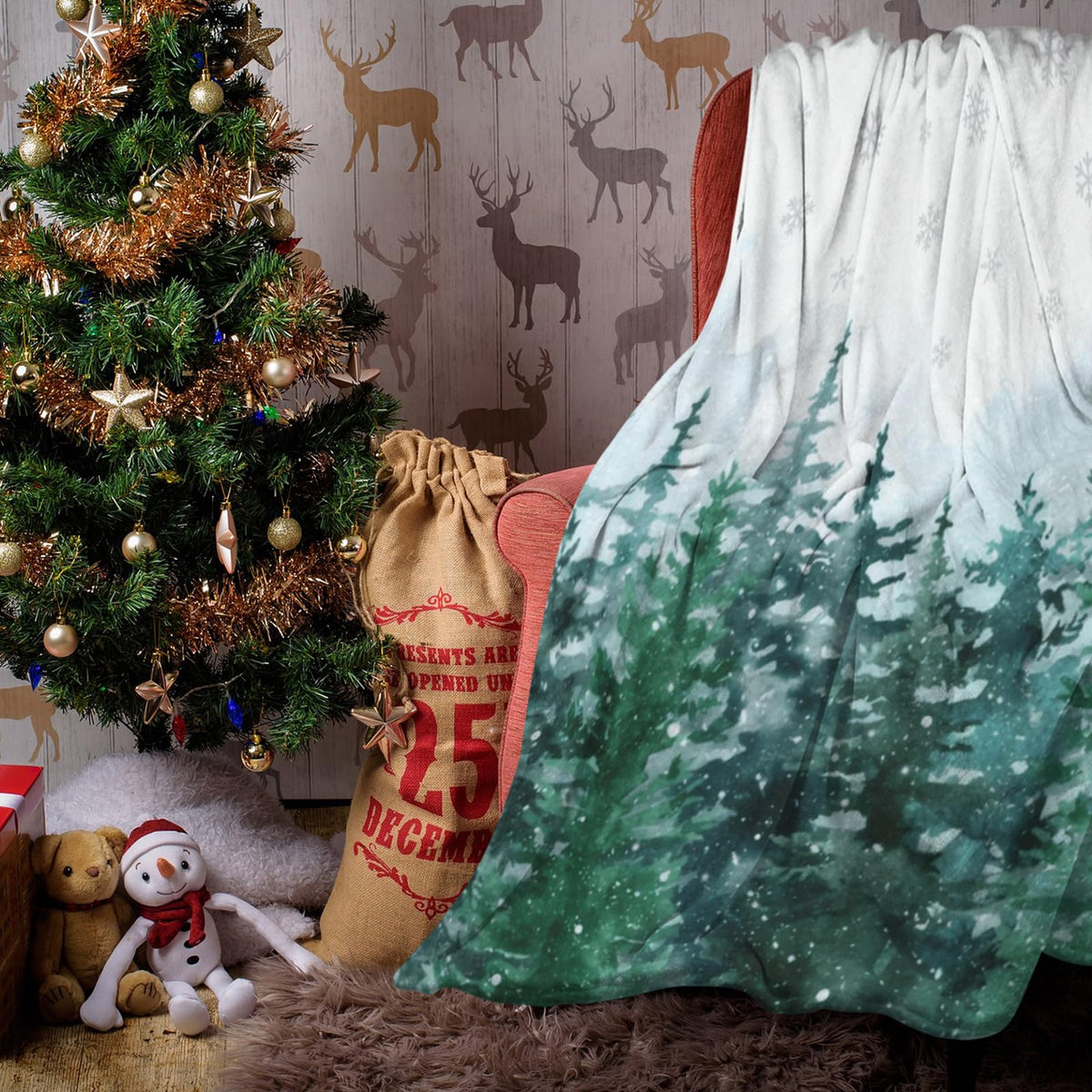 Christmas Blanket Watercolor Pine Tree Forest, Xmas Winter Snowflake Snowy Soft Cozy Throw Blanket, Queen Size Lightweight Flannel Blanket for Home Party Bed Sofa Couch, 60" x 80"