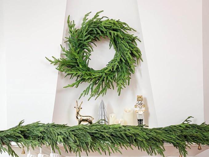 26" Norfolk Pine Wreath Real Touch Christmas Wreath for Front Door Winter Wreaths for Walls Windows Porches Indoor Outdoor Christmas Xmas Decorations Holiday Decor