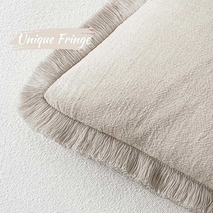 MIULEE Christmas Decorative Throw Pillow Covers Neutral Linen Fringe Throw Pillows Euro Shams Set of 2 Natural Beige Boho Farmhouse Cushion Covers for Couch Sofa Bed Living Room Home Decor 24x24 Inch