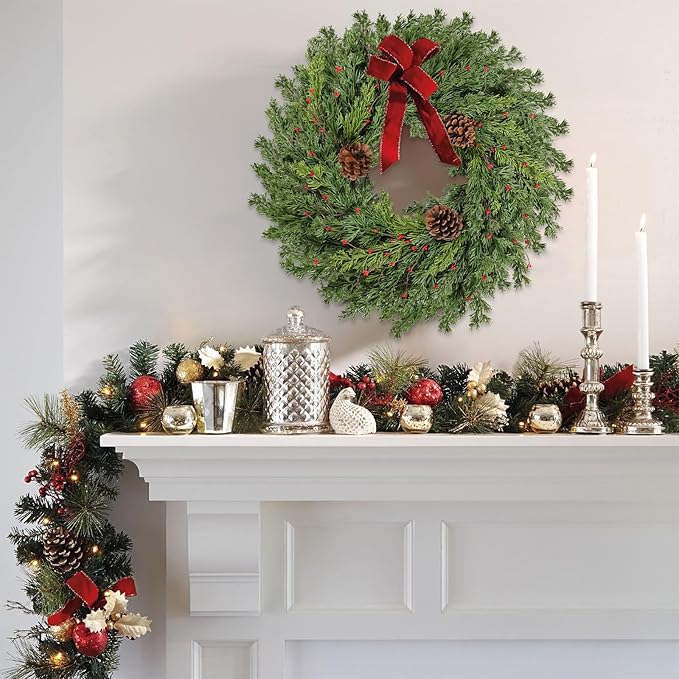 Real Touch Pine Christmas Wreath 24 Inch Christmas Wreaths for Front Door Winter Wreath Artificial Green Wreaths Outdoor Christmas Decorations Indoor Outside Window Home Holiday Thanksgiving