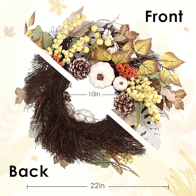 Fall Wreaths for Front Door Outside Decor, 22" Pumpkin Berry Maple Leaves Pine Cone Wreath Autumn Decorations with Bow and Hanging Sign for Thanksgiving Home Outdoor Indoor Porch Harvest