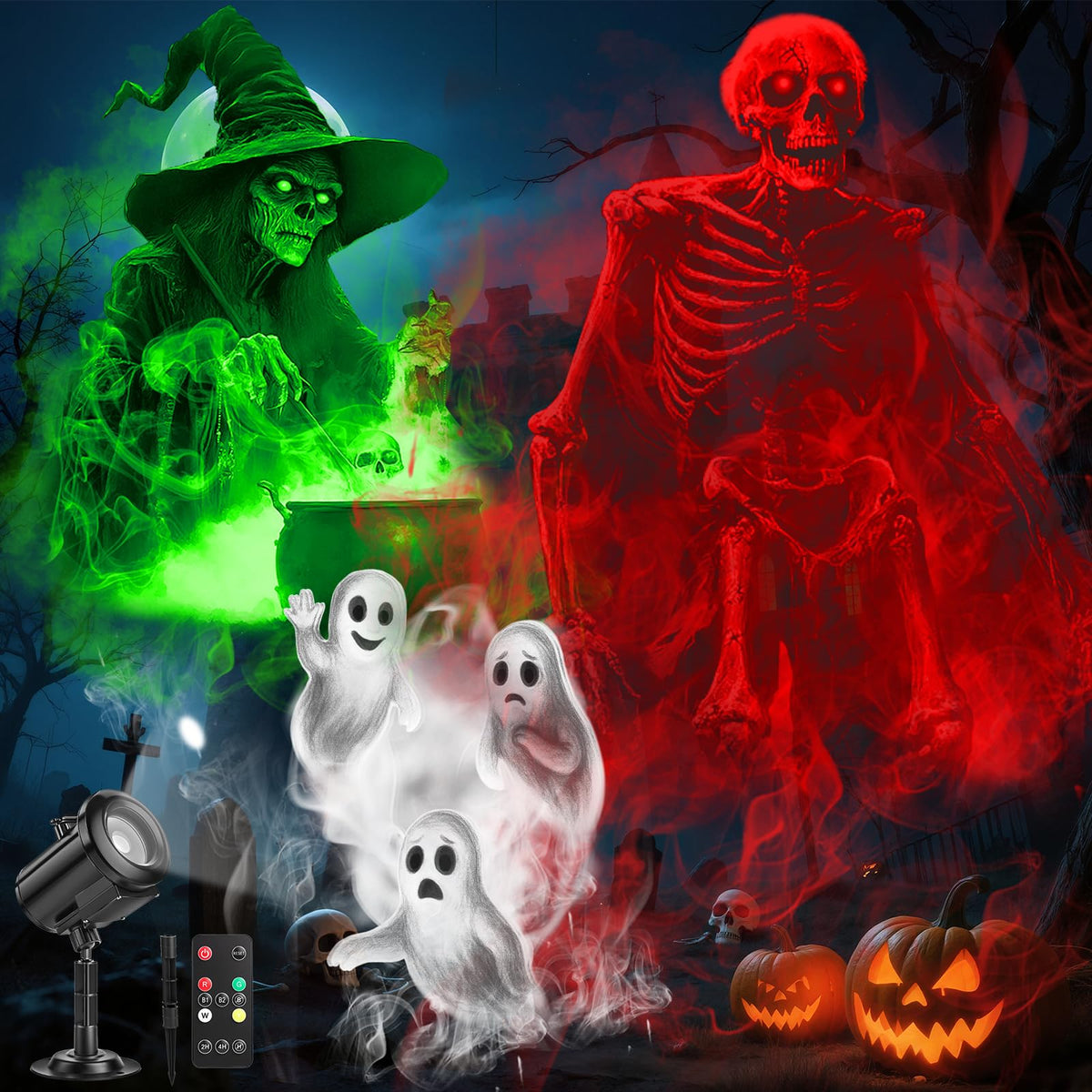 12 in 1 Halloween Ghost Projector Light Outdoor, 3D Dynamic Decoration Light 4 Color, Waterproof Scary Projector with Skeleton Ghost/Ghost/Pumpkin/Witch for Home Window Wall Halloween Holiday Decor