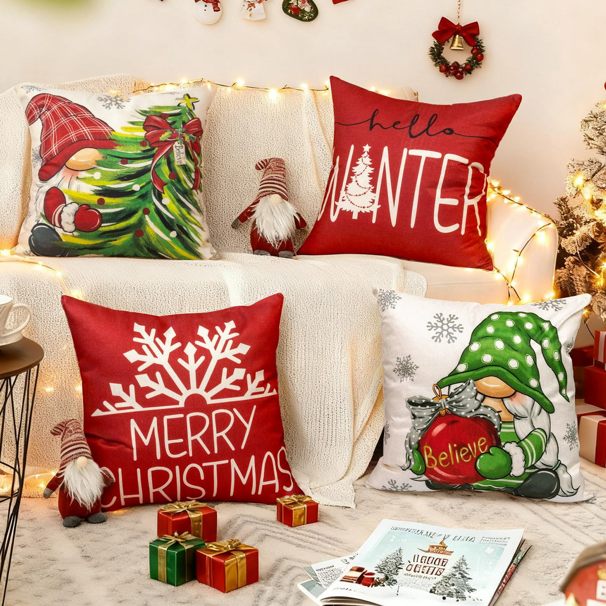 Aursaos Merry Christmas Hello Winter Holiday Pillow Covers 18x18 Set of 4, Red Gnome Green Tree Snowflake Decorative Throw Pillow Case for Couch Sofa Living Room
