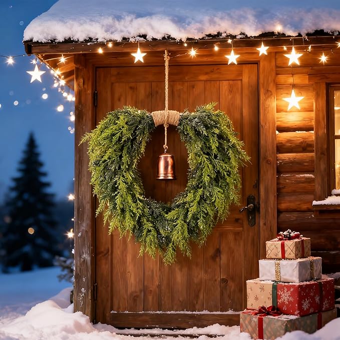 Real Touch Artificial Cedar Wreath 20" with Bell Fake Christmas Wreaths for Front Door Faux Pine Greenery Heart Wreaths for Home,Window,Table,Mantle,Wall,Indoor,Outdoor Xmas Decorations