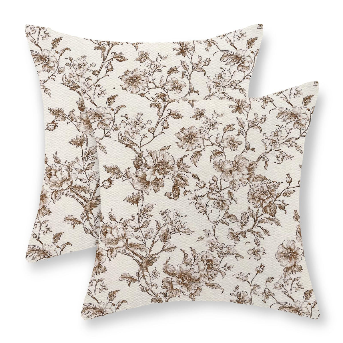GOLIANDA Brown Pillow Covers 18x18 Set of 2 Brown and Cream Floral Chinoiserie Throw Pillows Vintage Rustic Toile Flower Decorative Pillow Cases Outdoor Chinoiserie Decor Cushion Case for Couch Sofa