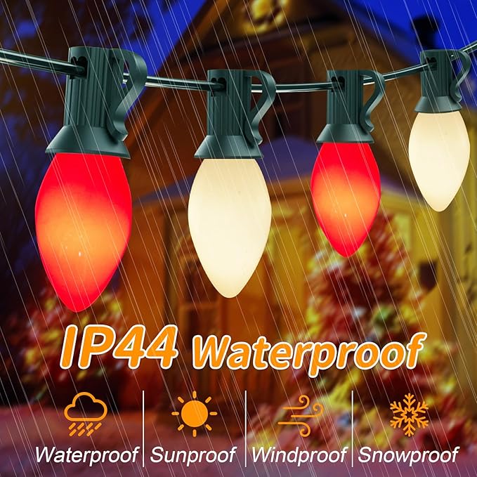 C7 LED Christmas Lights Outdoor, 25Ft Christmas Red White String Lights with 27 Ceramic LED Bulbs(2 Spare), Connectable Vintage Xmas Light for Xmas Tree Roofline Wedding Party Holiday Decor