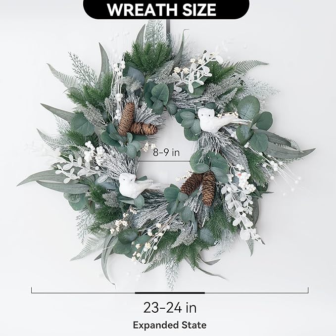 Winter Wreaths for Front Door Outside- 24 Inch Outdoor Christmas Wreath with White Owl,Pine Cones,Cedar and White Berries,Artificial Snowy Winter Decorations for Home Farmhouse Door Decor